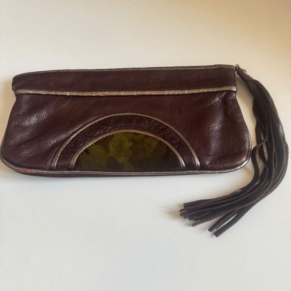 Mayamoon Brown Leather Clutch Camo Pony Hair Tassel Zip Pouch